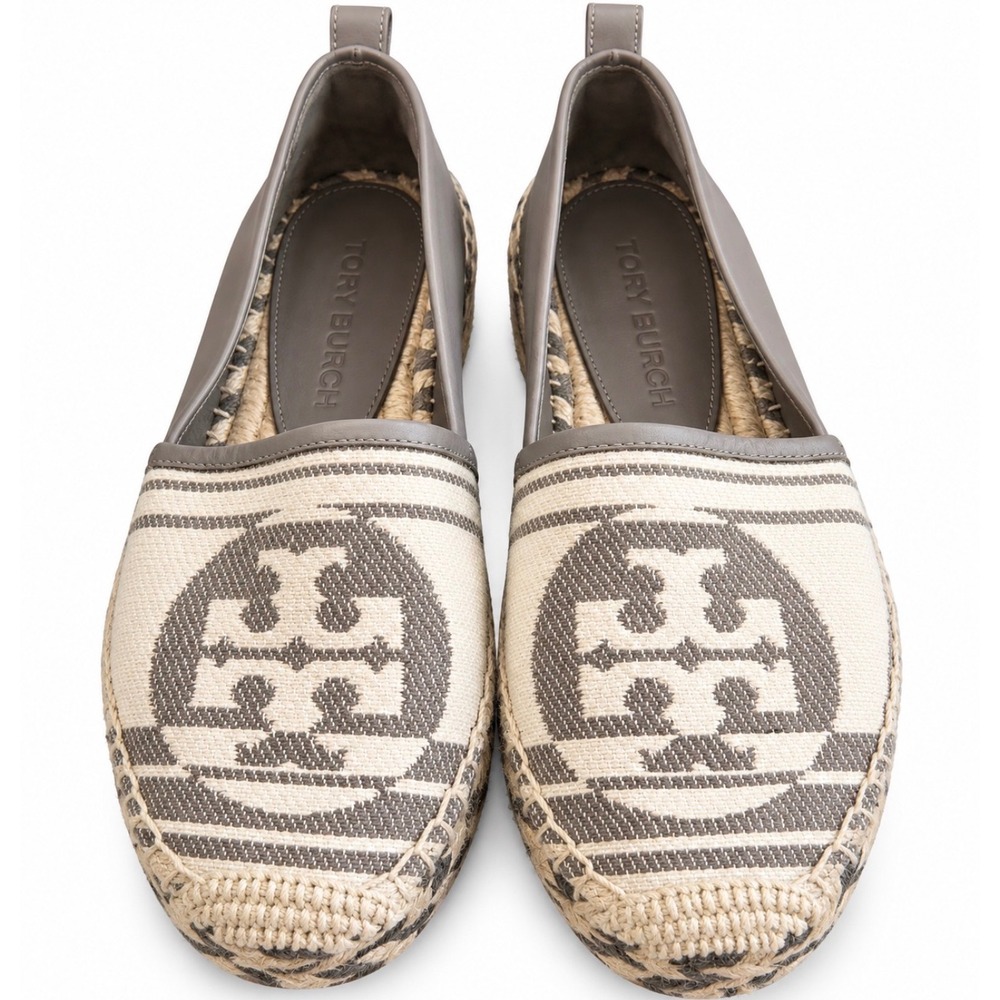 Tory Burch Ines Canvas Leather Espadrille Flats Brown Woven Logo 6.5